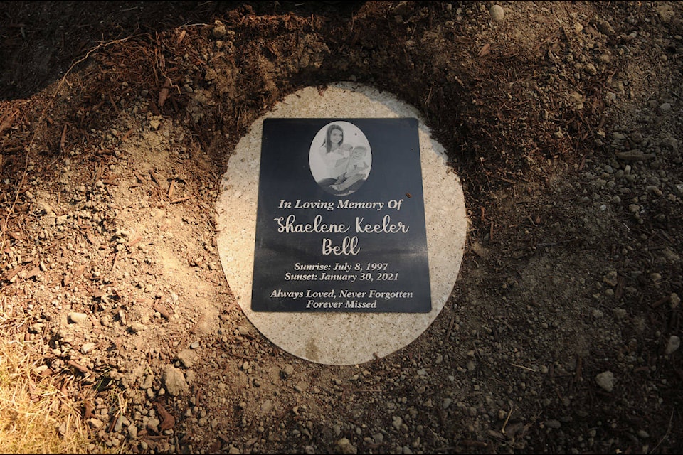 The plaque at the base of the maple tree adopted in honour of Shaelene Keeler Bell is pictured on July 15, 2021. On Nov. 8, Bell's family noticed the plaque had been stolen. (Jenna Hauck/ Chilliwack Progress file)
