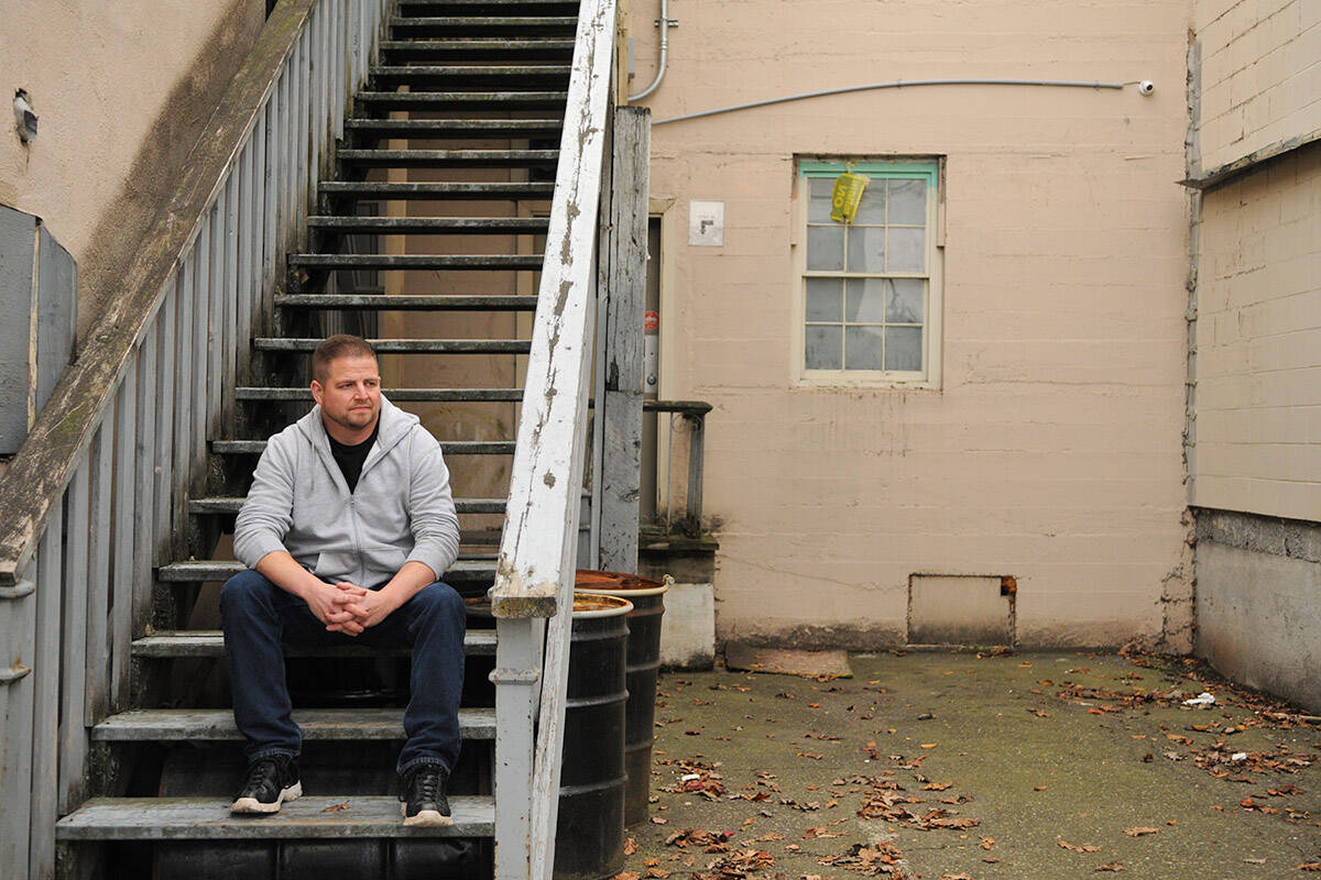 Recovering addict Mike Kappeler is making a video series called Recovery Life focusing on the positive side of recovery in an addicts or alcoholics life. He is seen here in downtown Chilliwack on Tuesday, Oct. 12, 2021. (Jenna Hauck/ Chilliwack Progress)