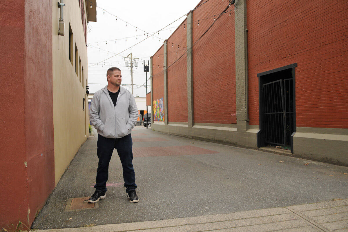 Recovering addict Mike Kappeler is making a video series called Recovery Life focusing on the positive side of recovery in an addicts or alcoholics life. He is seen here in downtown Chilliwack on Tuesday, Oct. 12, 2021. (Jenna Hauck/ Chilliwack Progress)