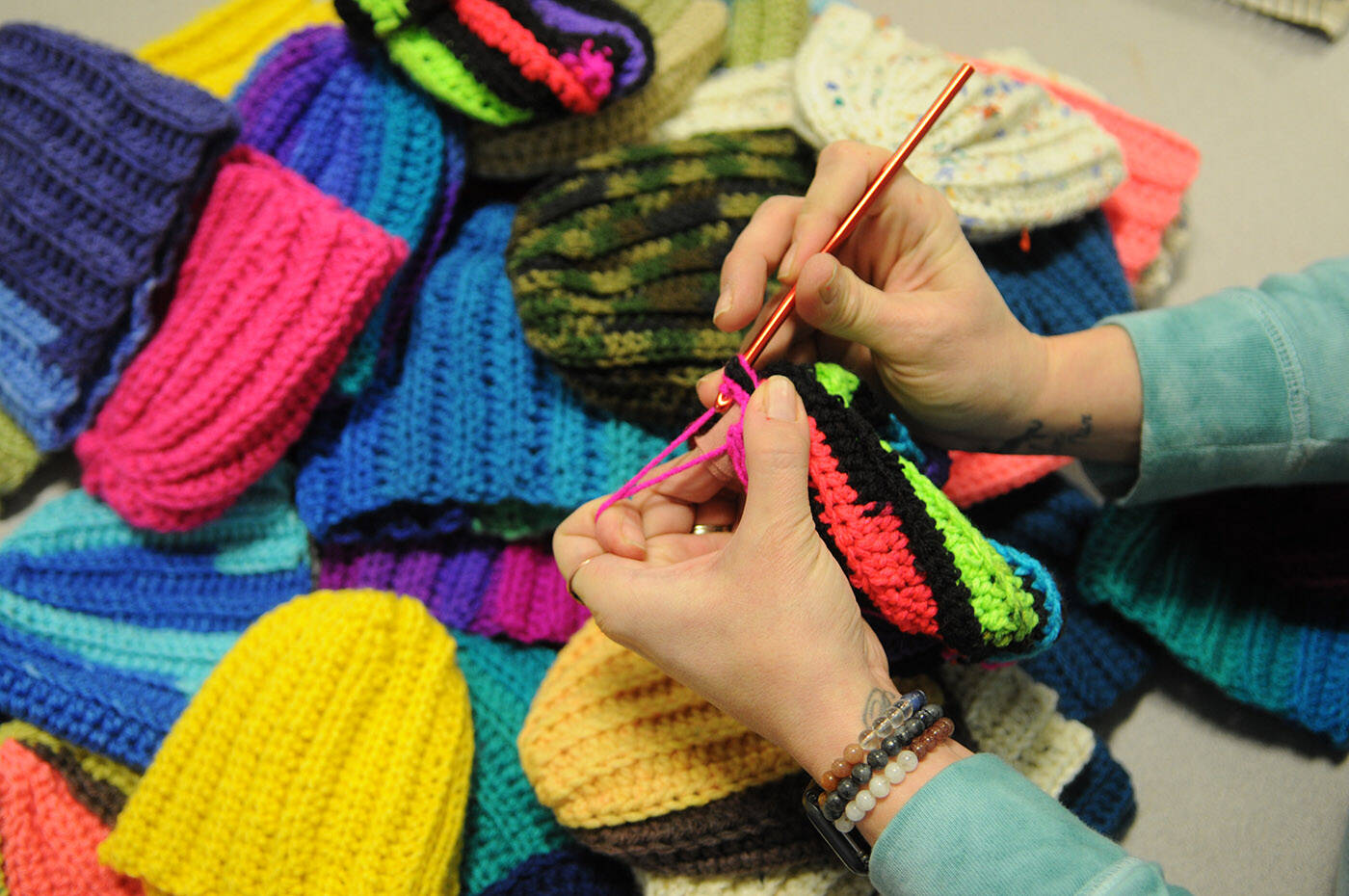Chilliwack secondarys Art 9/10 class crocheted baby hats for the maternity ward at Chilliwack General Hospital. (Jenna Hauck/ Chilliwack Progress)