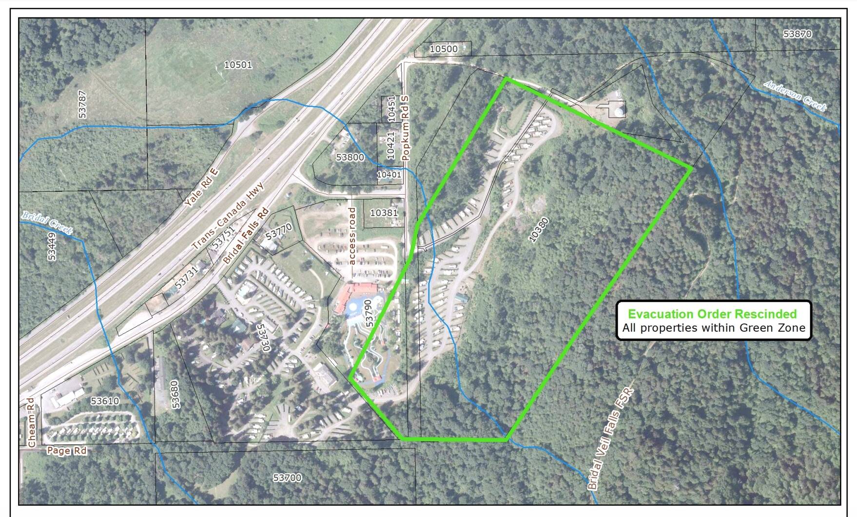 An evacuation order was cancelled for Camperland on Bridal Falls Road on Saturday, Dec. 4, 2021. (FVRD)