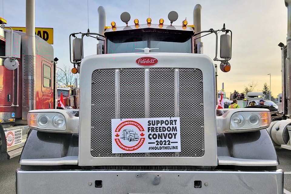Hundreds turned out in Langley Saturday morning, Jan. 29, to show support for the trucker convoy from B.C. that has arrived in Ottawa to demonstrate against vaccine mandates. (Dan Ferguson/Langley Advance Times)