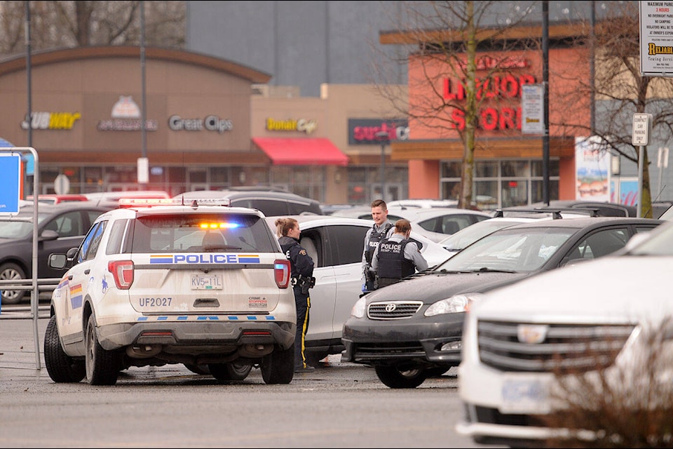 Chilliwack RCMP were on scene in the parking lot of Eagle Landing Shopping Centre for reports of a body found inside a car on Thursday, Feb. 10, 2022. The next of kin have not been notified and the vehicle is not visible in this image. (Jenna Hauck/ Chilliwack Progress)