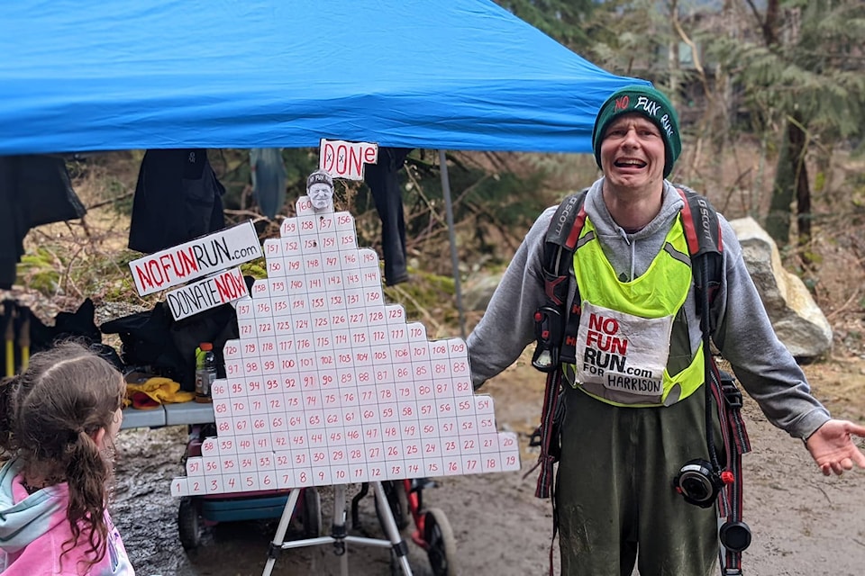 Zack Martyn basks in the glory of having finished his No Fun Run, raising nearly $3,800 for Agassiz-Harrison Community Services. (Contributed Photo/Zack Martyn)