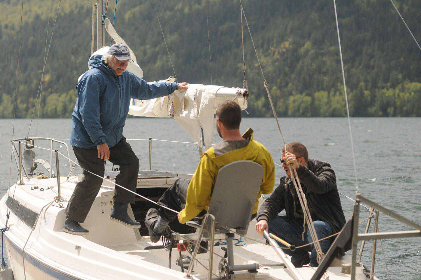 Randy Jensen (left) and son Lionel Jensen (centre) will be competing for the second time in the Race to Alaska, a 1,200-kilometre engineless boat race. They will bring their secret weapon son/brother-in-law James Laton (right) for the first 36-hour portion of the race called the proving grounds. (Jenna Hauck/ Chilliwack Progress)