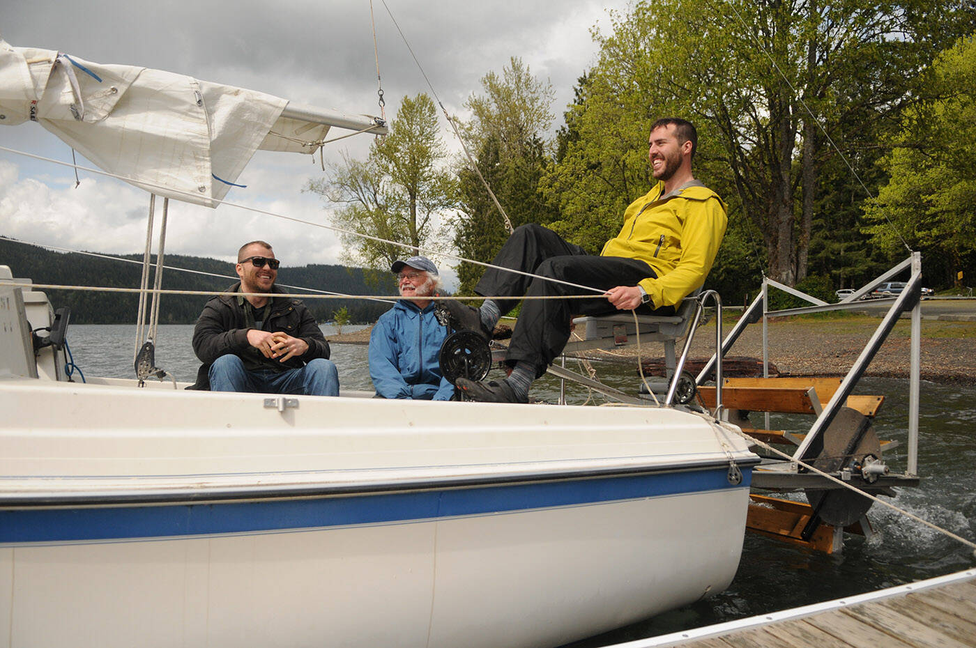 Randy Jensen (centre) and son Lionel Jensen (right) will be competing for the second time in the Race to Alaska, a 1,200-kilometre engineless boat race. They will bring their secret weapon son/brother-in-law James Laton (left) for the first 36-hour portion of the race called the proving grounds. (Jenna Hauck/ Chilliwack Progress)