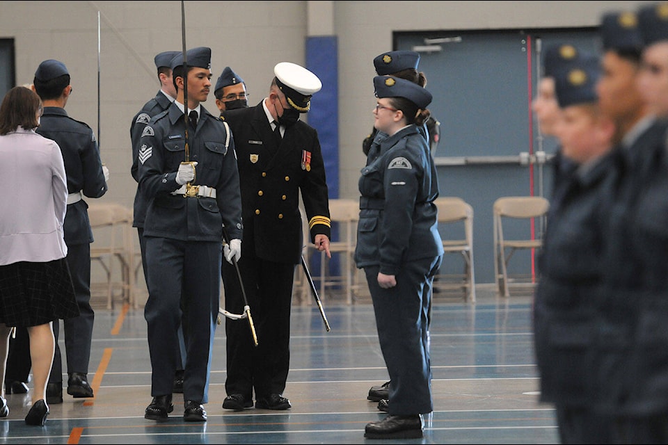 Lt.-Cmdr. Martin J. Packer (white hat) was the reviewing officer for the Royal Canadian Air Cadets 147 Airwolf Squadron’s 80th annual Ceremonial Review on Saturday, June 4, 2022 at the Landing Sports Centre. (Jenna Hauck/ Chilliwack Progress)