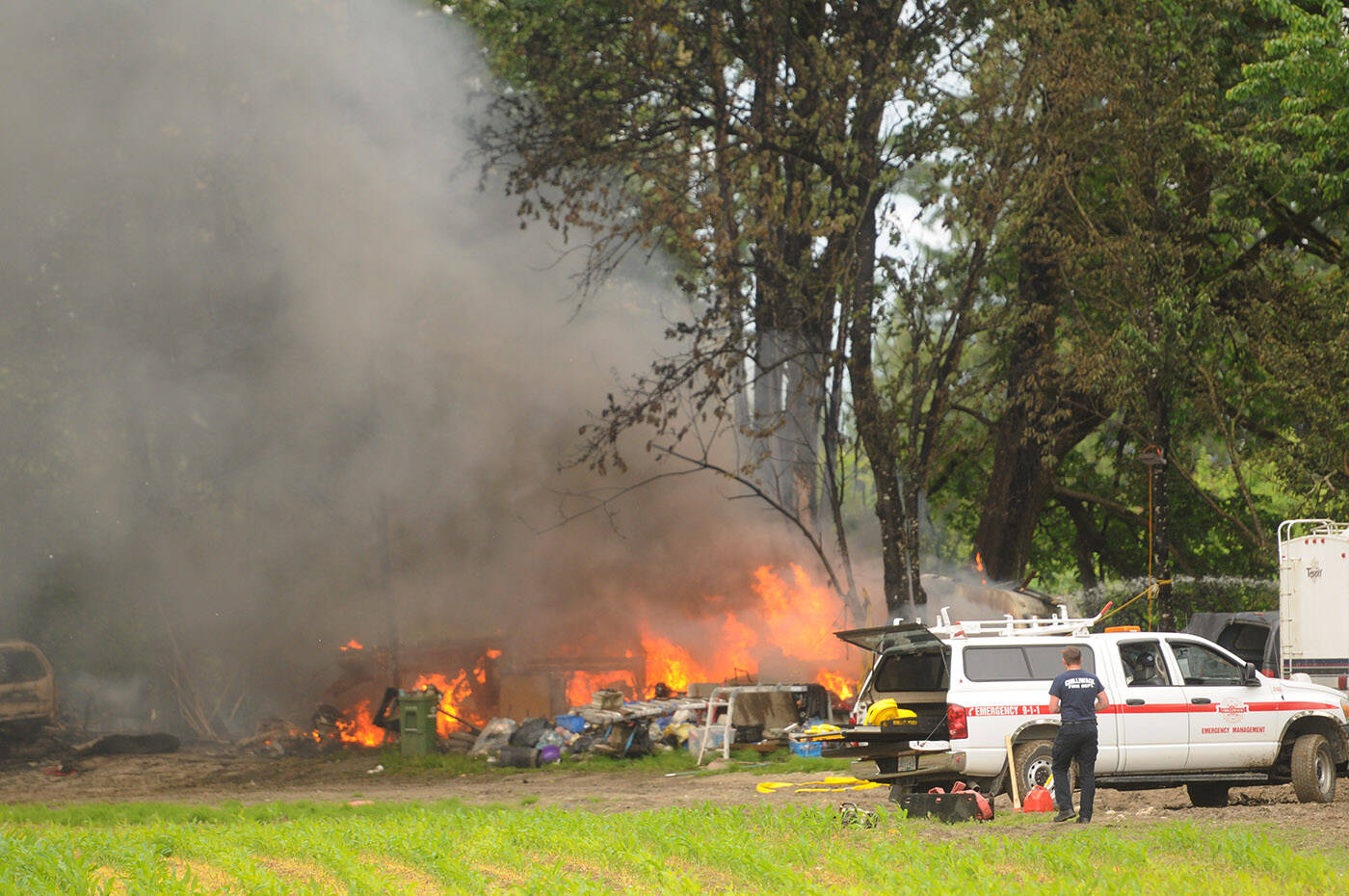 The Chilliwack Fire Department was called to an RV fire on Skwali reserve on Wednesday, June 15, 2022. (Jenna Hauck/ Chilliwack Progress)