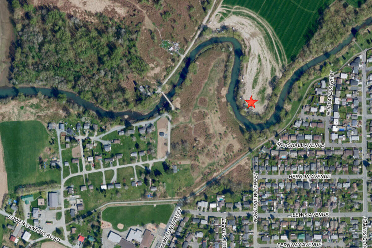 The star marks the location of a vehicle fire on the Skwali reserve near Chilliwack on June 15, 2022. (GoogleMaps)