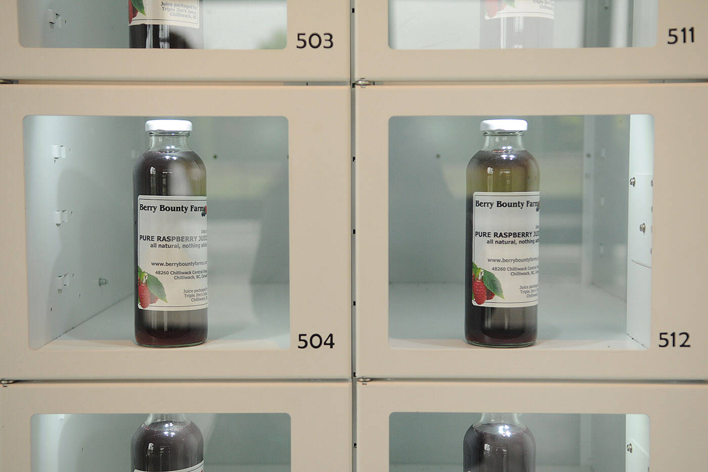 The vending machines at Berry Bounty Farms holds room-temperature, refrigerated and frozen items. (Jenna Hauck/ Chilliwack Progress)