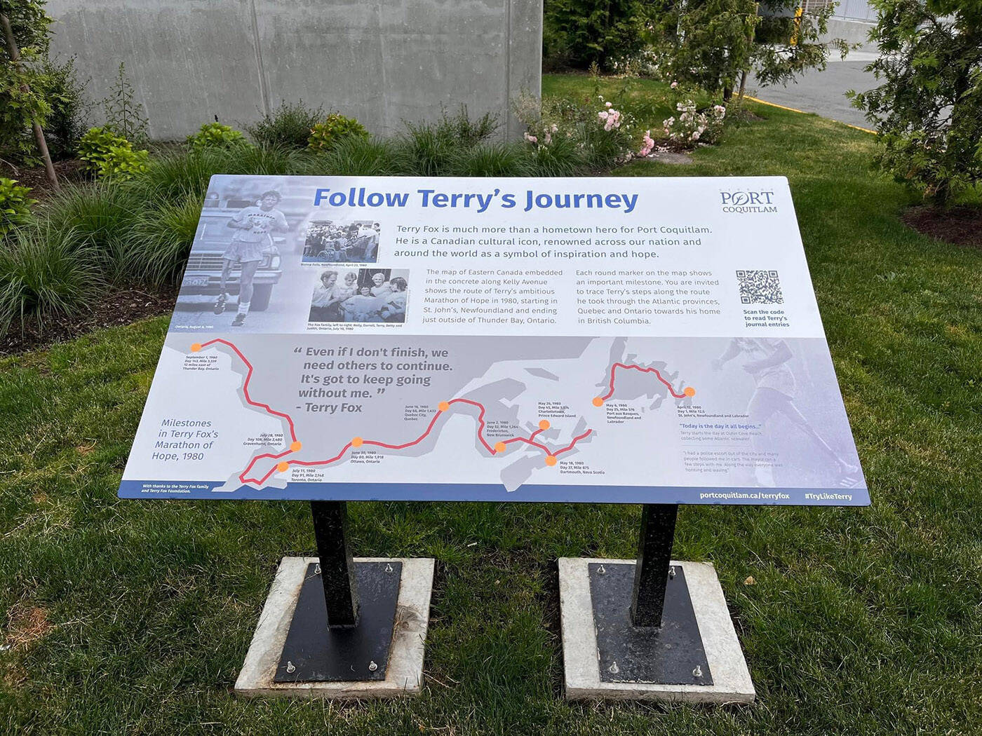 New educational signs were installed this week at the Terry Fox Hometown Square in Port Coquitlam as a tribute to Terrys 1980 Marathon of Hope. (City of Port Coquitlam)