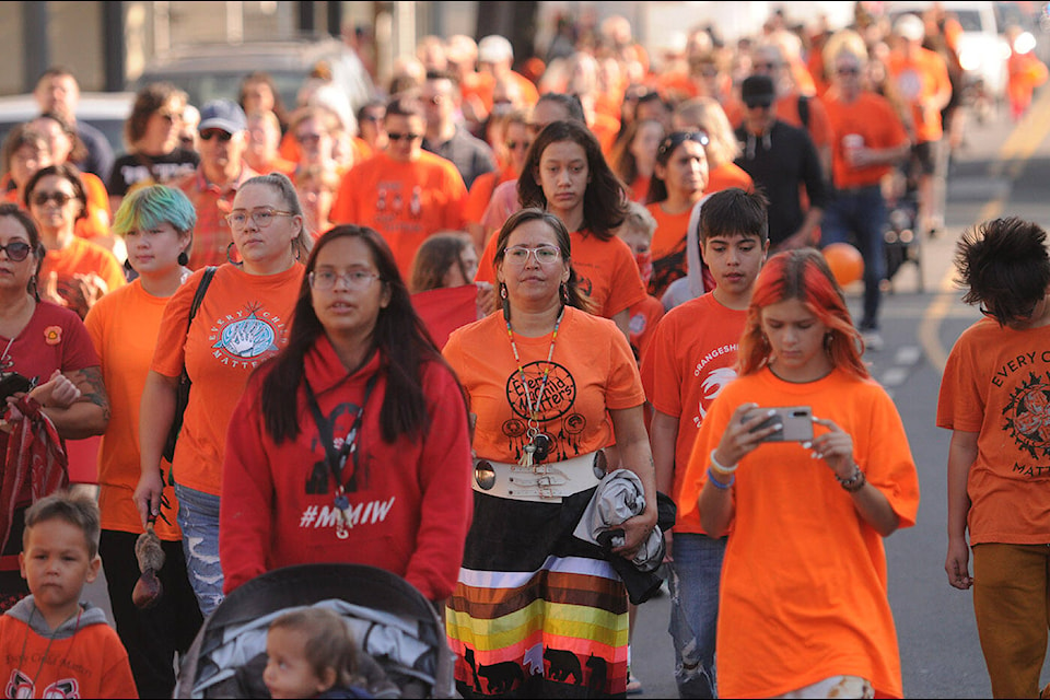 About 200 people took part in a truth and reconciliation walk from Chilliwack Secondary School to Central Community Park on Friday, Sept. 30, 2022. (Jenna Hauck/ Chilliwack Progress)