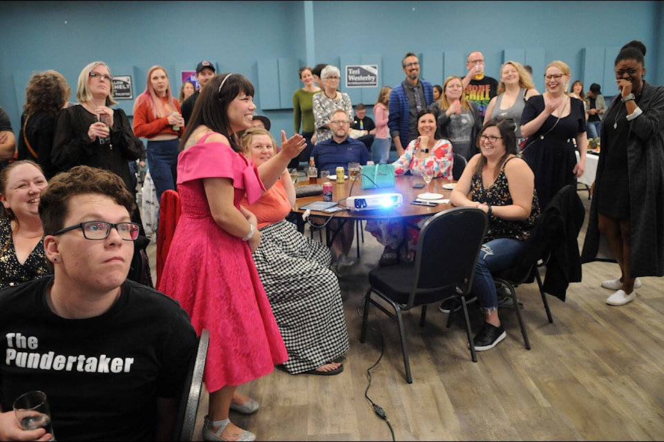 Margaret Reid (pink dress) was elected as one of three new school trustees in Chilliwack on Oct. 15, 2022. The Progress emailed Heather Maahs, Barry Neufeld and Darrell Furgason on Oct. 13, 2022 asking to attend their Saturday night election party, but the request was declined. (Jenna Hauck/ Chilliwack Progress)