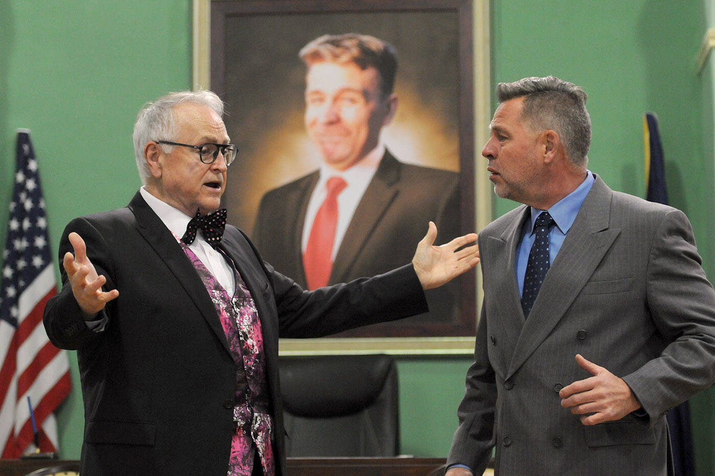 Raymond Hatton (left) is Arthur Vance and Andy Rolleman plays Dave Riley in the Chilliwack Players Guilds production of The Outsider. (Jenna Hauck/ Chilliwack Progress)