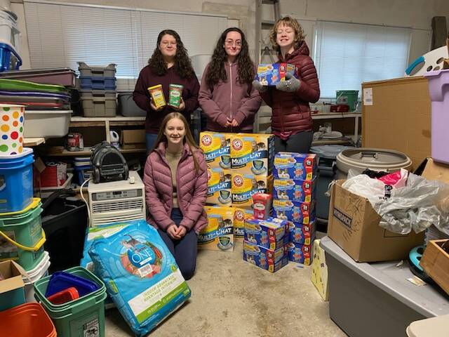 Clockwise from bottom left, Ecomaniacs members Nicole Byhre, Jenna Evans, Sarah Verma and Claire Pinckney pose with the cat food and kitty litter their club donated to Chilliwack Animal Safe Haven on Monday, Dec. 19, 2022. (Photo submitted by Tania Toth)