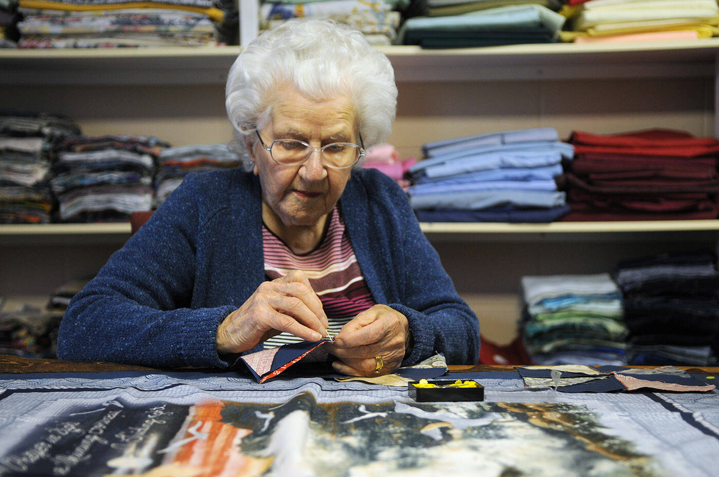 Anne Schaefer has been making quilts for charity for decades and she just recently celebrated her 100th birthday. (Jenna Hauck/ Chilliwack Progress)