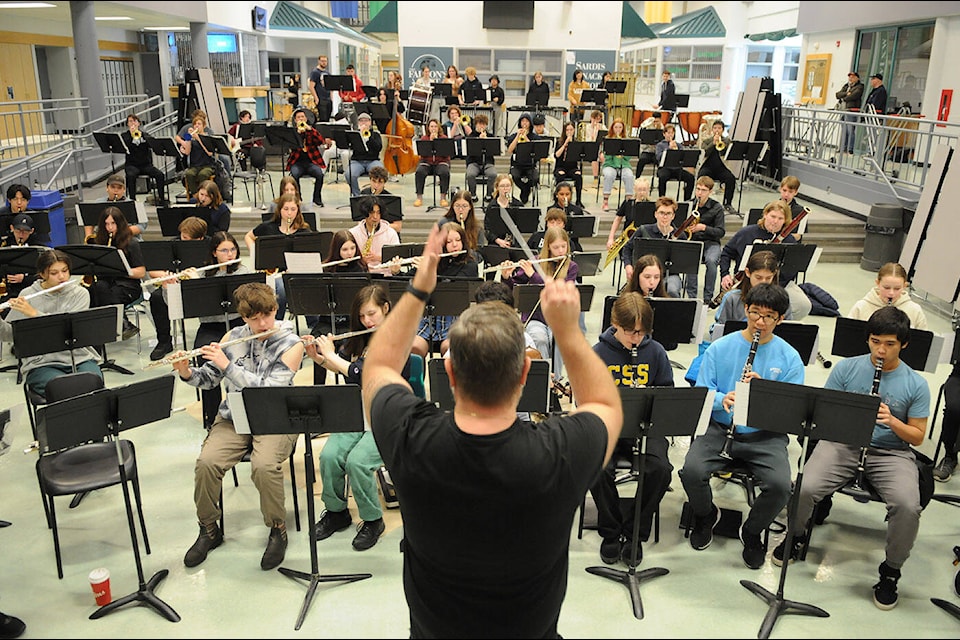 Students from both Sardis Secondary School and Chilliwack Secondary School rehearse together at Sardis on Saturday, Jan. 28, 2023 in preparation for an upcoming band trip to perform in Disneyland. (Jenna Hauck/ Chilliwack Progress)