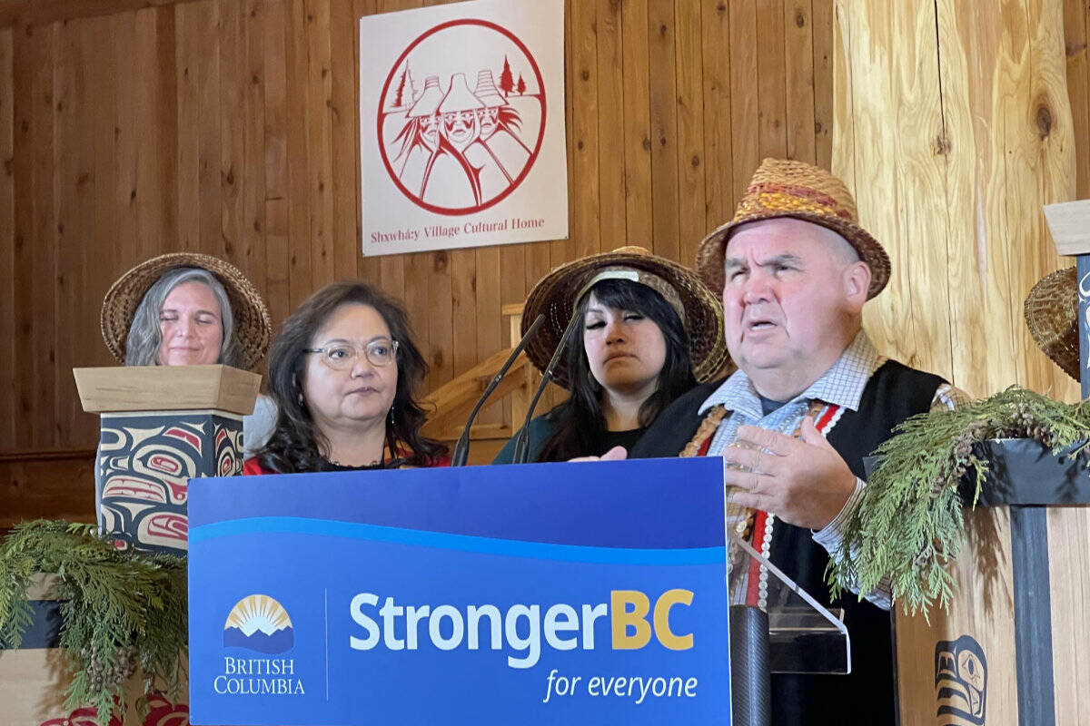 Shxwhá:y Village Chief Robert Gladstone speaks at an announcement of $5 million in provincial money for flood protection. (Jennifer Feinberg/ Chilliwack Progress)