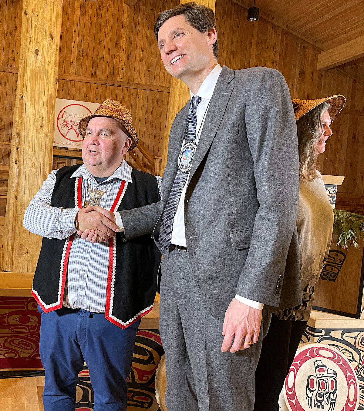 Premier David Eby poses with Shxwhá:y chief Robert Gladstone at Shxwhá:y Village on Feb. 10, 2023. (Jennifer Feinberg/ Chilliwack Progress)