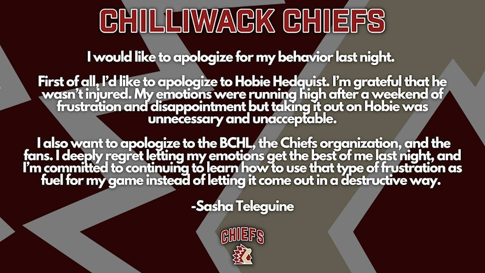 Chilliwack Chiefs forward Sasha Teleguine apologizes for on-ice