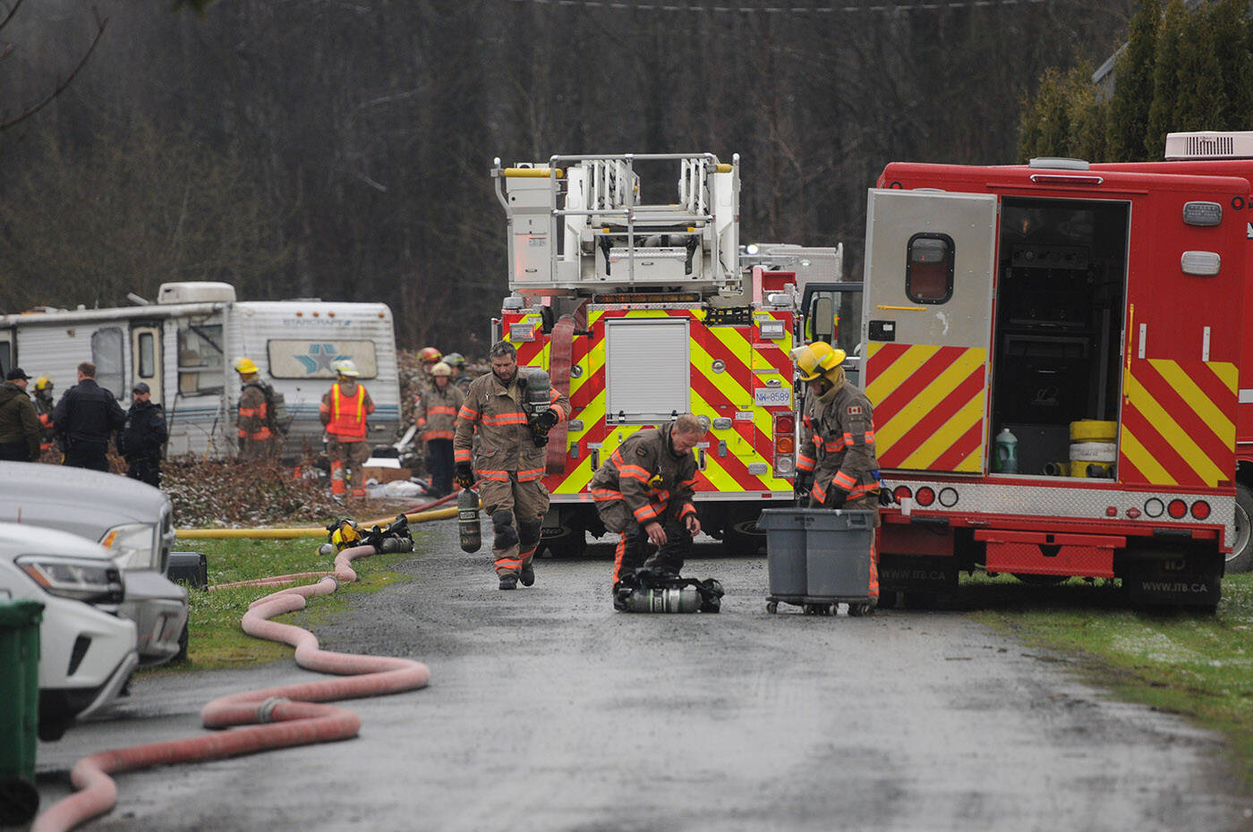 The Chilliwack Fire Department and RCMP were called to a house fire on Landing Drive around 7:30 a.m. on Saturday, March 25, 2023. (Jenna Hauck/ Chilliwack Progress)