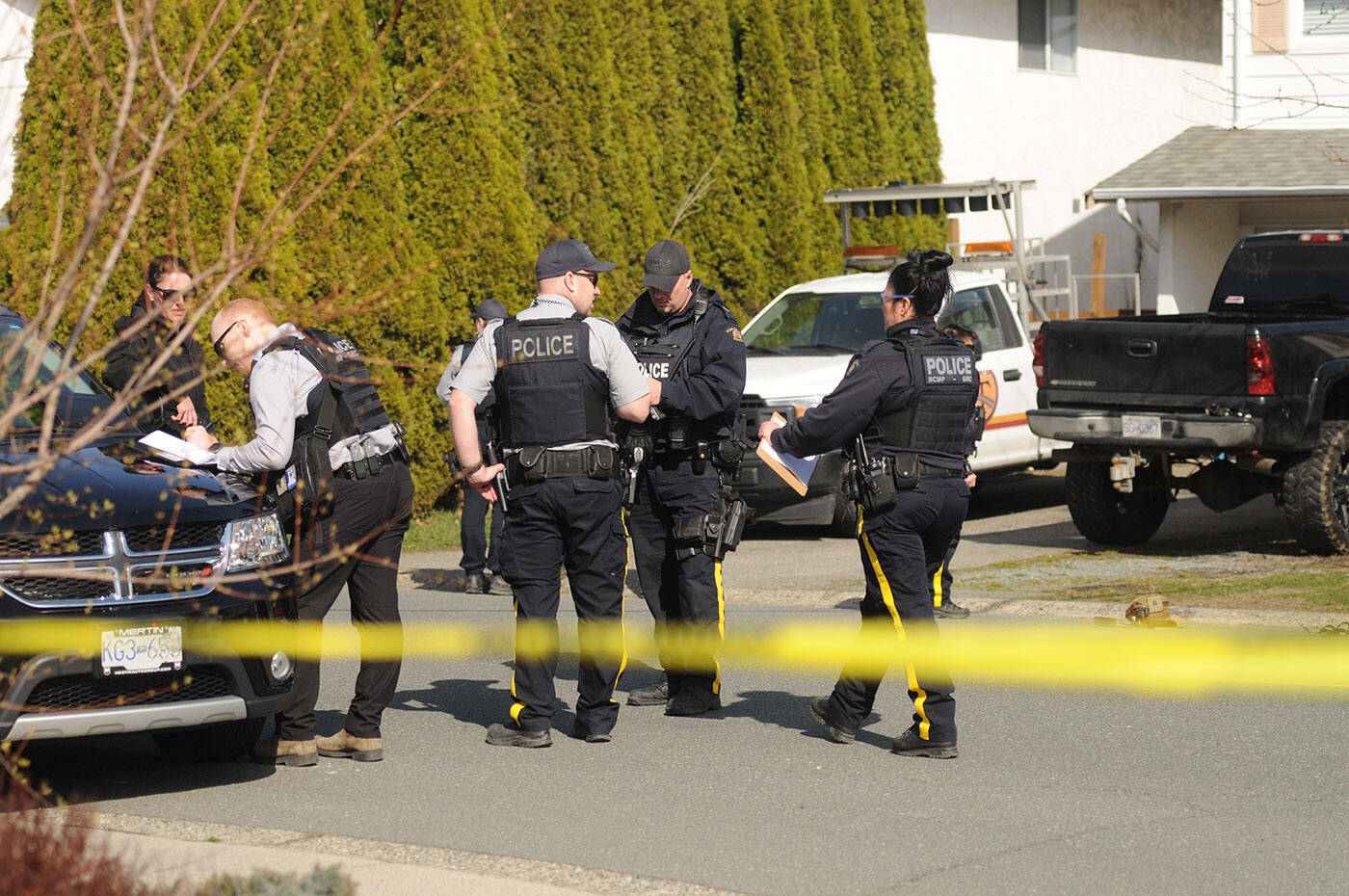 Chilliwack RCMP were on scene at Richardson Avenue near Blue Jay Avenue for reports of shots fired on Thursday, March 30, 2023. (Jenna Hauck/ Chilliwack Progress)