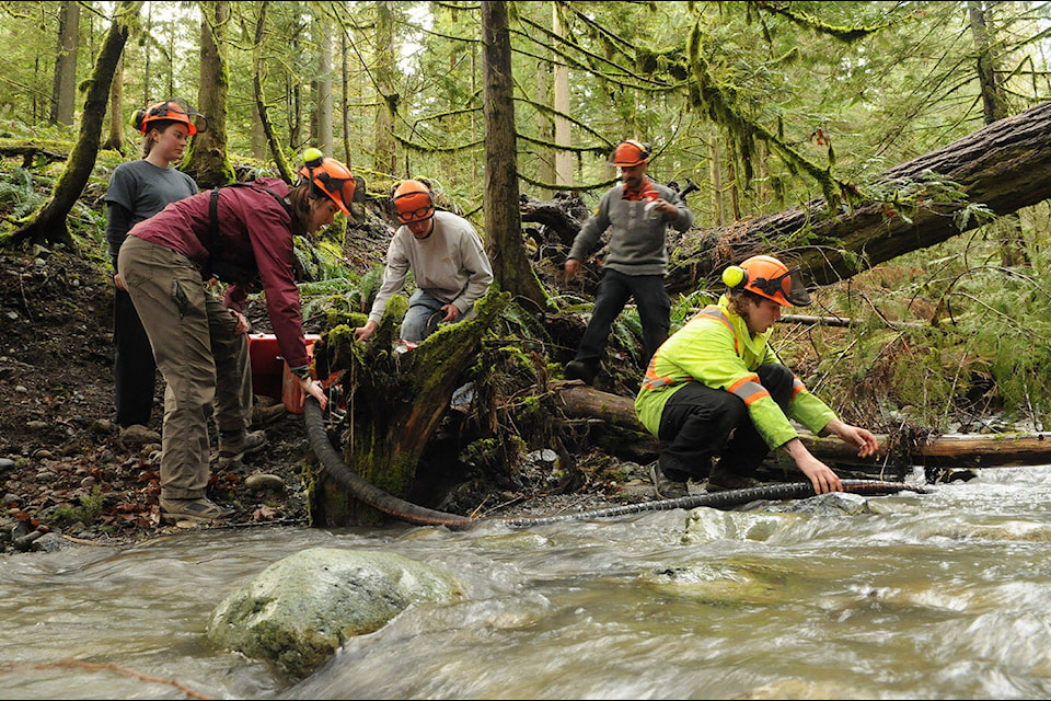 Chilliwack high school students and an instructor set up a pump and hose at a creek during the Junior Fire Crew work experience program at BC Wildfire Service’s Cultus Lake Fire Base on Saturday, March 25, 2023. (Jenna Hauck/ Chilliwack Progress)