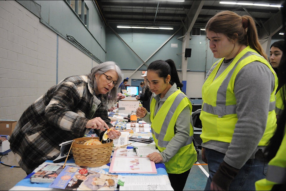 Angie McDermid (left) teaches Rotaract members Linda Barito and Ailish Hampton how to crochet during the inaugural Rotary Climate Fair on Saturday, April 15, 2023 at the Landing Sports Centre in Chilliwack. This Rotary booth focussed on how to knit/crochet items like shopping bags, and how to repurpose old colthing into new items. (Jenna Hauck/ Chilliwack Progress)