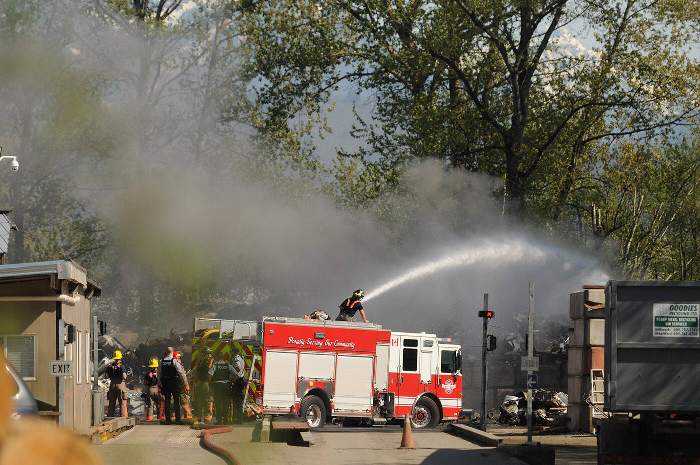 The Chilliwack Fire Department was called to a fire at Goodies Trading (a.k.a. Goodies Recycling) on Aitken Road on May 2, 2023. (Jenna Hauck/Chilliwack Progress)