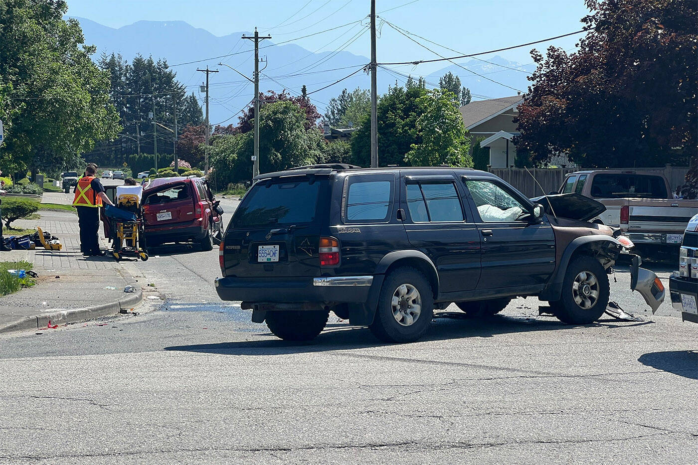The scene of a two-vehicle collision at Hazel Street and First Avenue in Chilliwack on Friday, May 19, 2023. (Paul Henderson/ Chilliwack Progress)