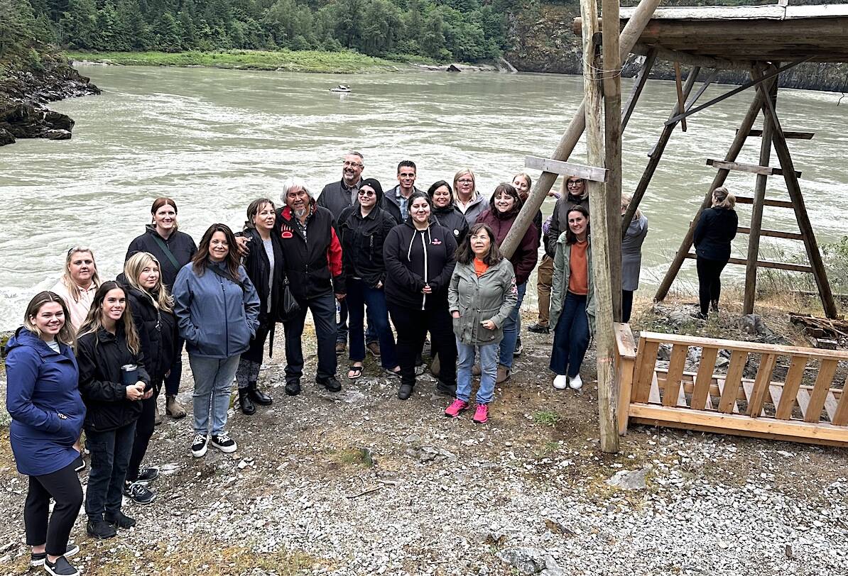 Group shot on National Indigenous Peoples Day, near Yale, with Sonny McHalsie leading a Stólō place names tour for Chilliwack Chamber of Commerce on June 21, 2023. (Jennifer Feinberg/ Chilliwack Progress)