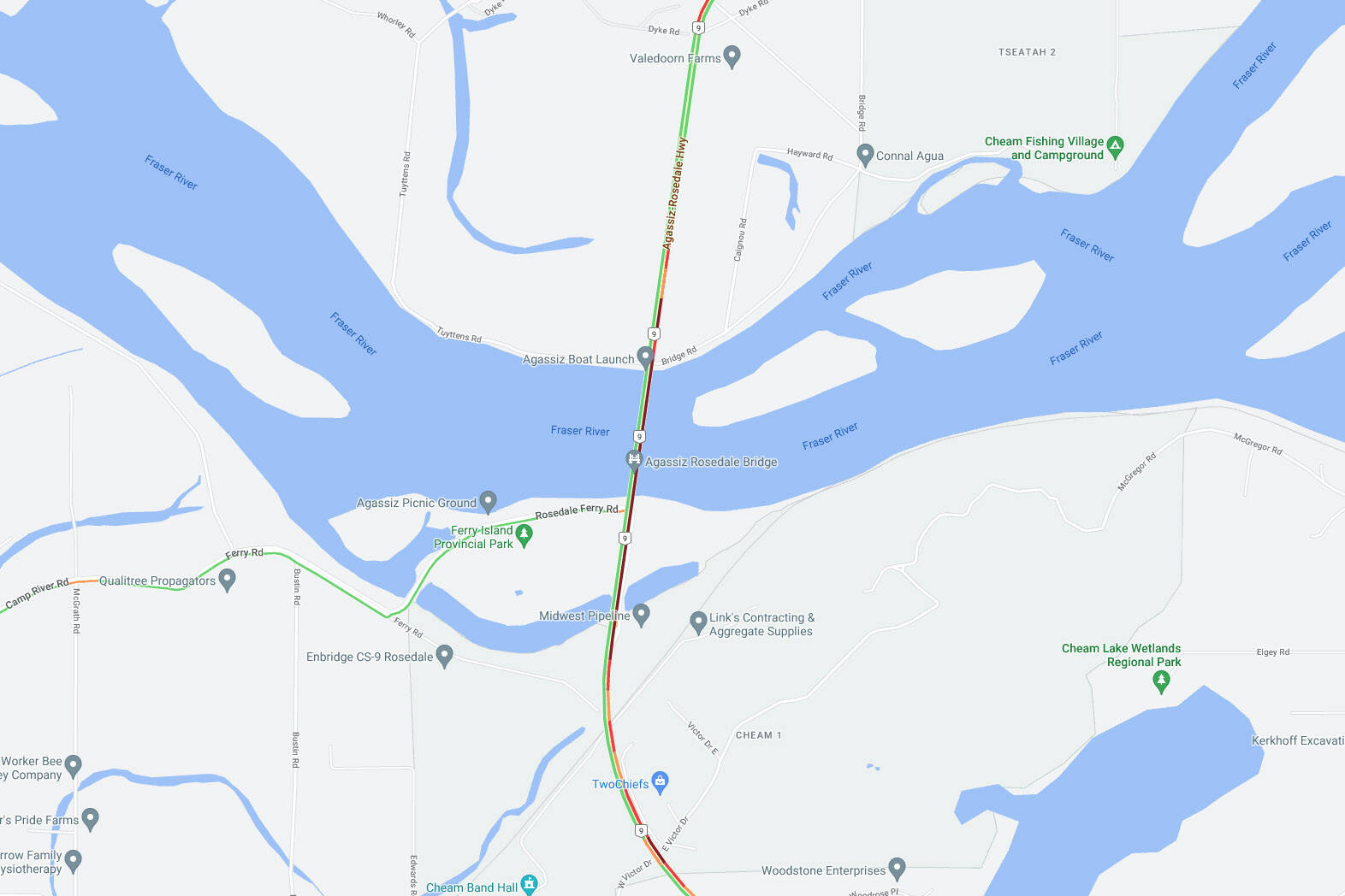 Emergency crews were called to a four-vehicle collision on the Agassiz-Rosedale Bridge on Saturday, July 8, 2023. (Google Maps)