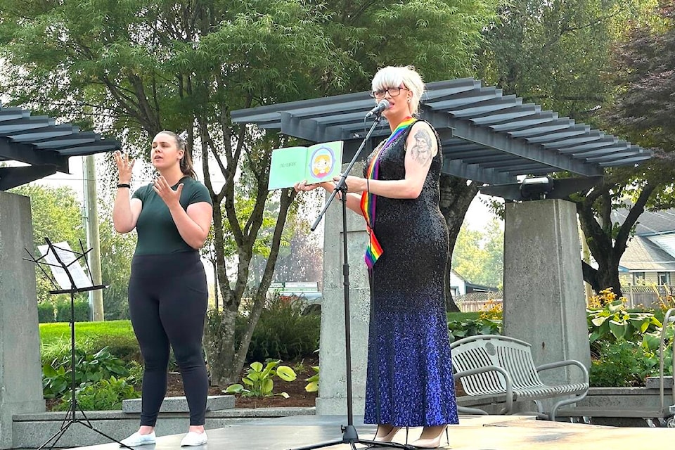 Local drag queen Hailey Adler at the Chilliwack Pride Festival 2023 story time. (Jennifer Feinberg/ Chilliwack Progress)