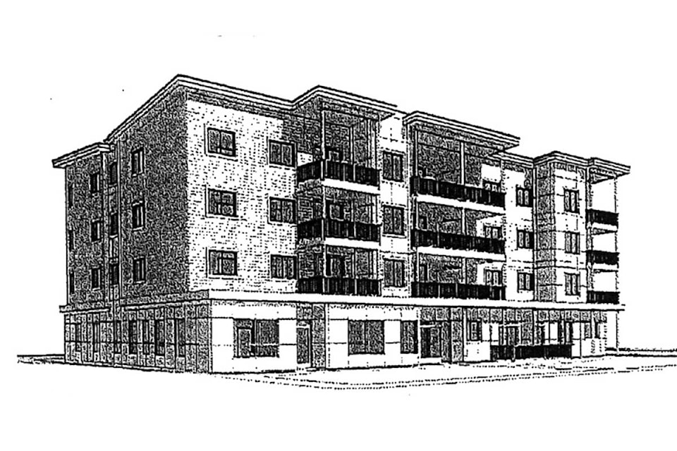 Drawing shows the proposed design of a four-storey affordable housing apartment building that Yellowhead Community Services would like to build next to Park Drive beside Clearwater Library.