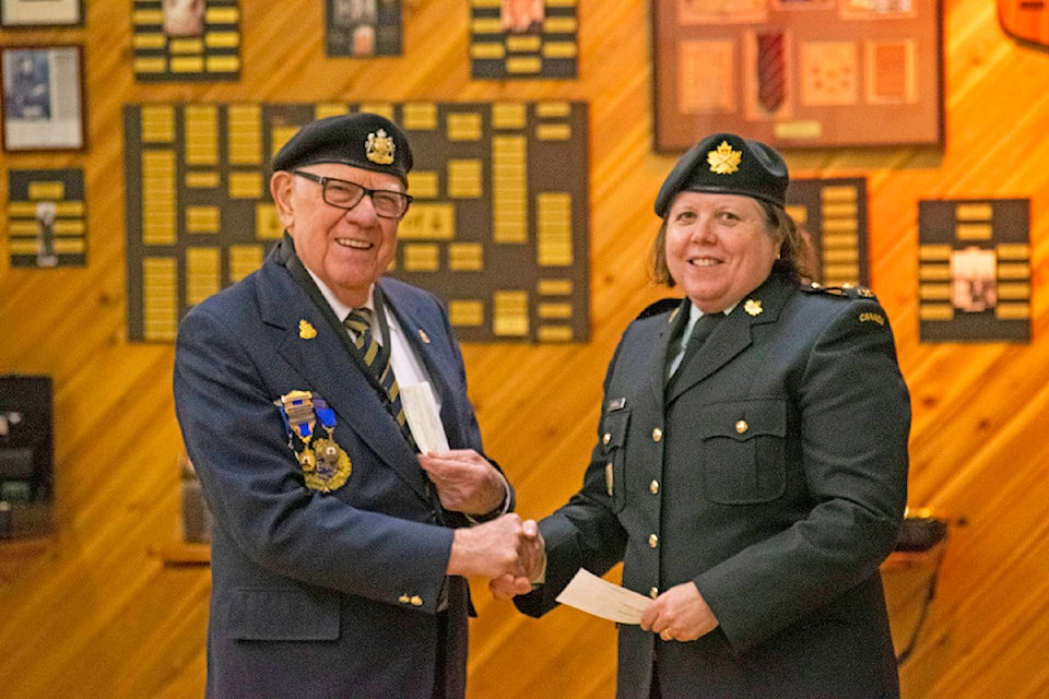 The Legion’s Poppy Chair, Calvin Lutz presented Terri Campbell from Clearwater with a $500 cheque donation for the North Thompson Army Cadets, Unit 2305 in Barriere. The cadets were officially reinstated in the area in November of last year. The donation comes from the Legion’s poppy fundraising. (Stephanie Hagenaars photo)