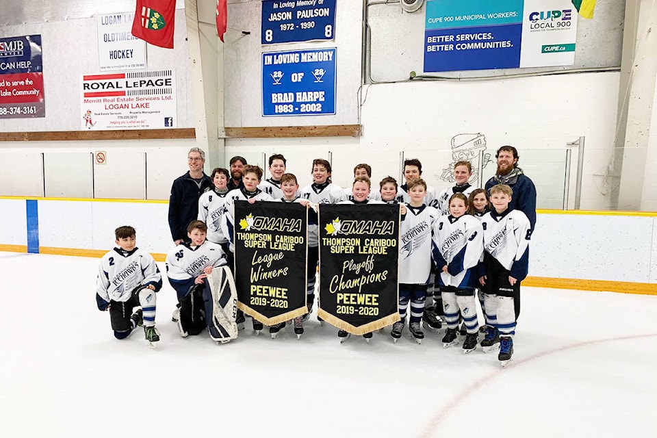 The Clearwater peewee Icehawks took the pennant to win the Thompson Cariboo League after winning the playoffs in Logan Lake last weekend. Now they’ll host at home the District Championships next weekend starting on March 13. Photo by Kirstin MacDonald