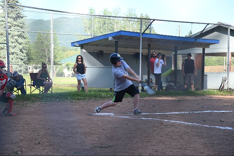 Hunter Atwater takes a swing and it’s a hit! The Clearwater U10 minor ball player hit a home run during a game against the Barriere team Friday, June 18 at the Capostinsky Park diamonds. (Stephanie Hagenaars / surgeryitaly)