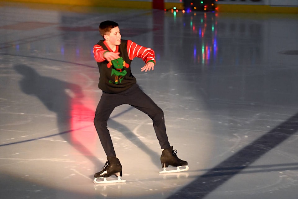 Reid Muddiman shows off some smooth skills during his performance to Christmas Vacation Thursday evening for the Raft Mountain Skating Club’s Winter Gala. (Stephanie Hagenaars/Clearwater Times)