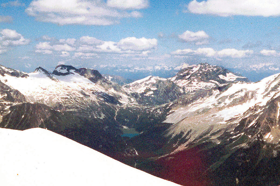 The view from the top of Gold Peak looking east. In the distance is Gordon Horne Peak while in front of it is Ruddock Creek, site of a proposed zinc mine. (Photo by Keith McNeill)