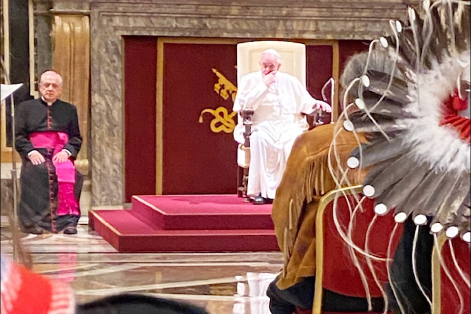 Williams Lake First Nation councillor Rick Gilbert is part of the First Nations, Inuit and Métis delegation meeting with Pope Francis at the Vatican inn Rome and snapped this photograph from his seat in the fourth row. (Rick Gilbert photo)