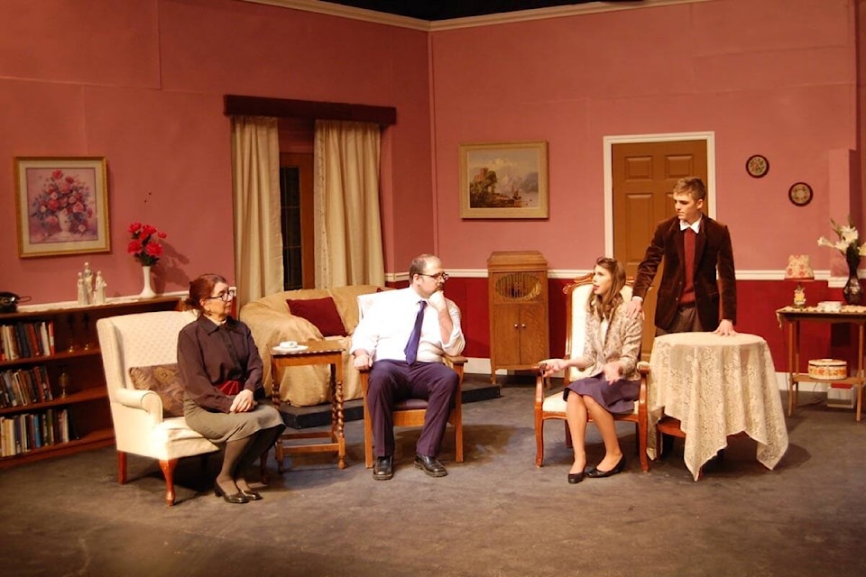 (from l) Marina Papais, new Thompson-Nicola Film Commissioner Gareth Smart, Gaurangi Benner-Tapia, and Matthias Sampson during a dramatic moment in ‘A Murder is Announced’ in Ashcroft in March 2020. (Photo credit: Barbara Roden)