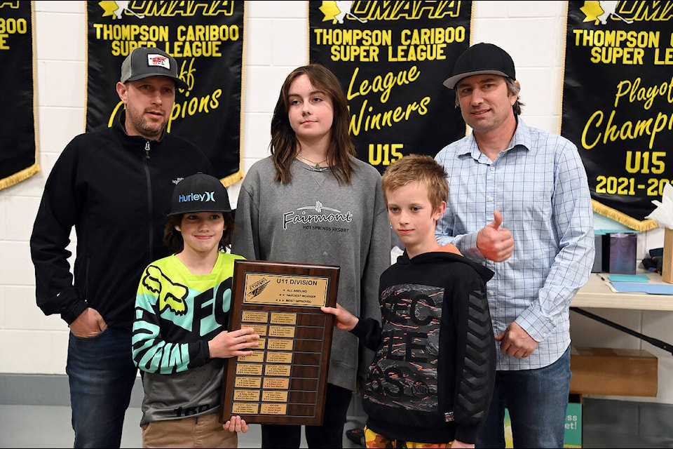 Coach Brett Colborne, left, U11 players Reese Wright, hardest worker, Olivea Wall, most improved, Cohen Cooke, best all around, and Blaine Wright (Stephanie Hagenaars/Clearwater Times)