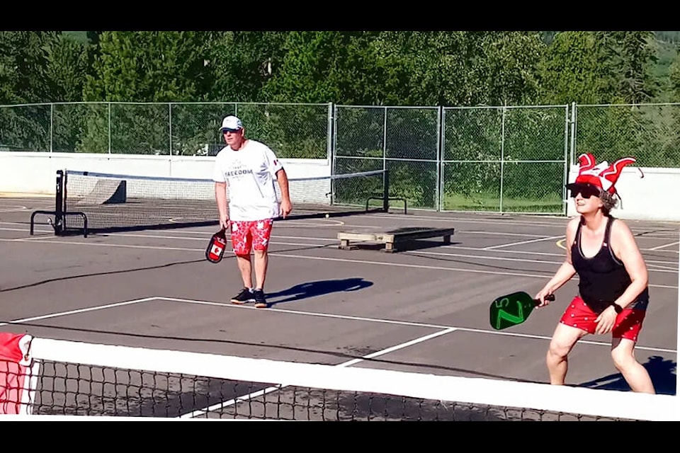 Brian Dorish and Lynn Desbiens McGravey had fun competing in the first annual Canada Day Pickleball Tournament at the courts in Barriere. (Tracy Sealy photo)