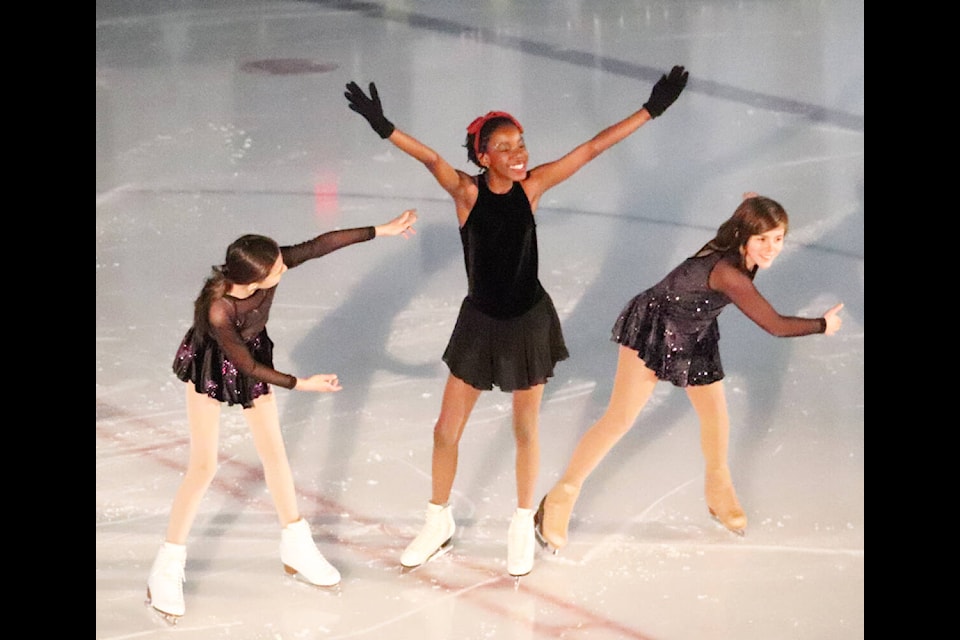Kiya Heggie (from left), Bella Okezue, Nature Knight of the Raft Mountain Skating Club performance during the 2023 Spring Gala March 9. (Zephram Tino photo - Clearwater Times)