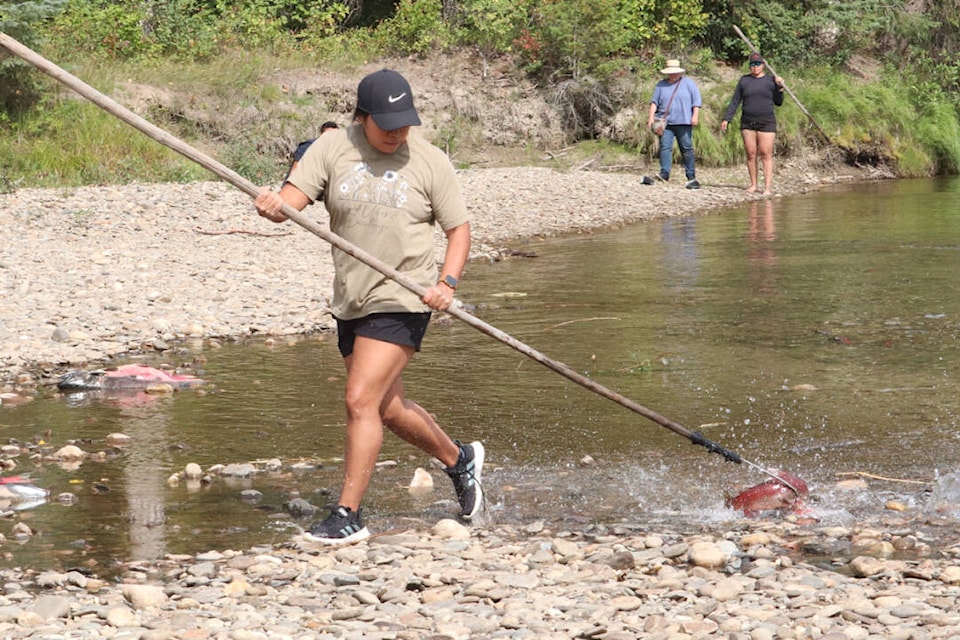 Angie Rainer from Simpcw First Nation uses traditional methods to fish for salmon in Raft River during the 16th annual First Fish Ceremony on Sept. 6. (Photo by: Zephram Tino)
