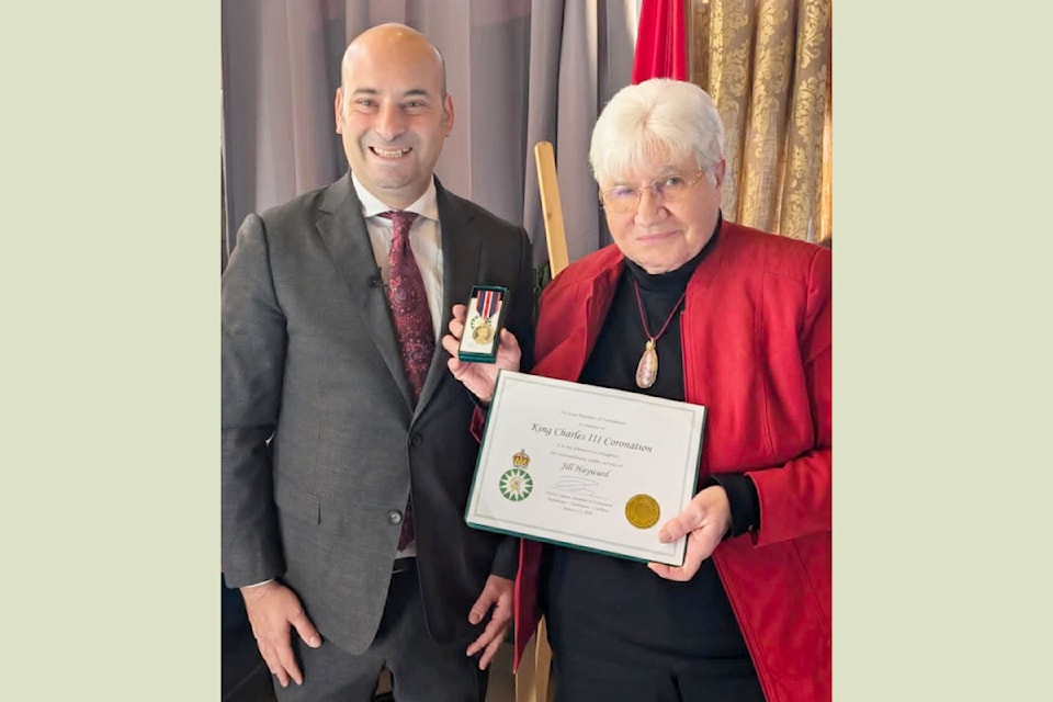 MP Frank Caputo (l) presenting the King Charles III Coronation Medal to Jill Hayward, TNRD director for Area 'O' and a longtime community volunteer. 