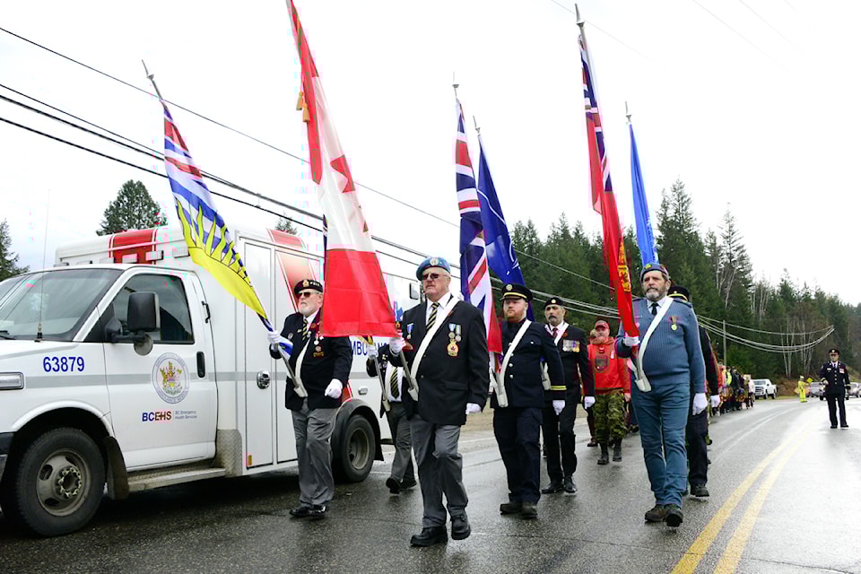 Members of the colour party lead the parade to Clearwater’s cenotaph on Monday morning, Nov. 11. In front and carrying the Canadian flag is Dennis Freeston. First row (From L – R): Murray Doull, Alsid Prime and John Jaillet. Second row (From L – R): Wayne Wysoski, Mike Poitras and Austin Greene.