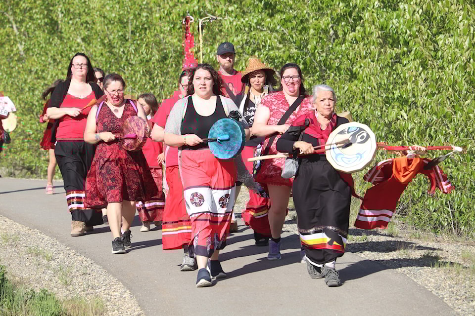 The annual MMIW Awareness Walk took place in Clearwater on May 5. (Front - Right to Left): Sheri Elliot and her granddaughter Taylyne Elliot along with walkers behind: Ajay Jacobson, Brigette MacDougall, Kayla Fowler, Georgina Leppky, Lindsay MacInnes, Todd Leppky.