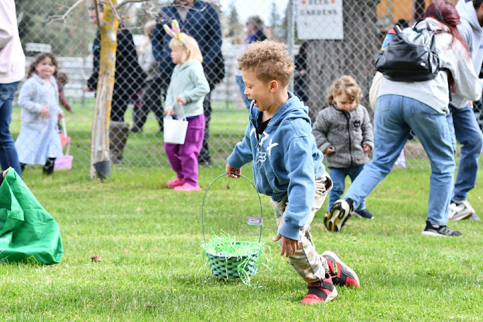 Nikoal Palmer leading the way as he eagerly hunted down Easter goodies on Sunday April 20 at the Fall Fair grounds in Barriere with a huge crowd of kids. 