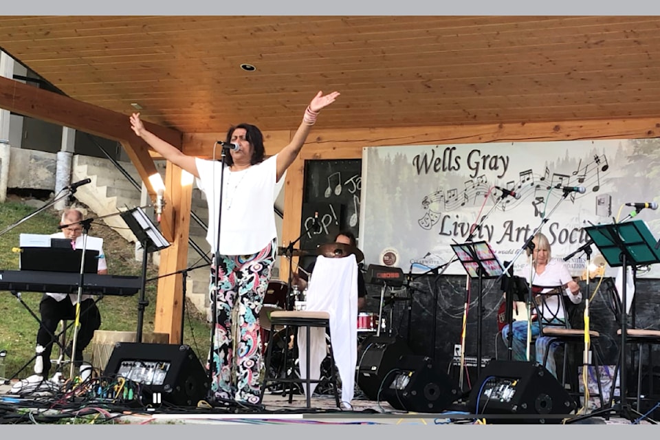 (from l):  John Soles (keyboards), Sita Rebizant (lead singer), Patrick Roach (drums) and Linda MacKenzie (bass) during the first summer stage show for Wells Gray Lively Arts at Dutch Lake Community Centre field on July 3. 

